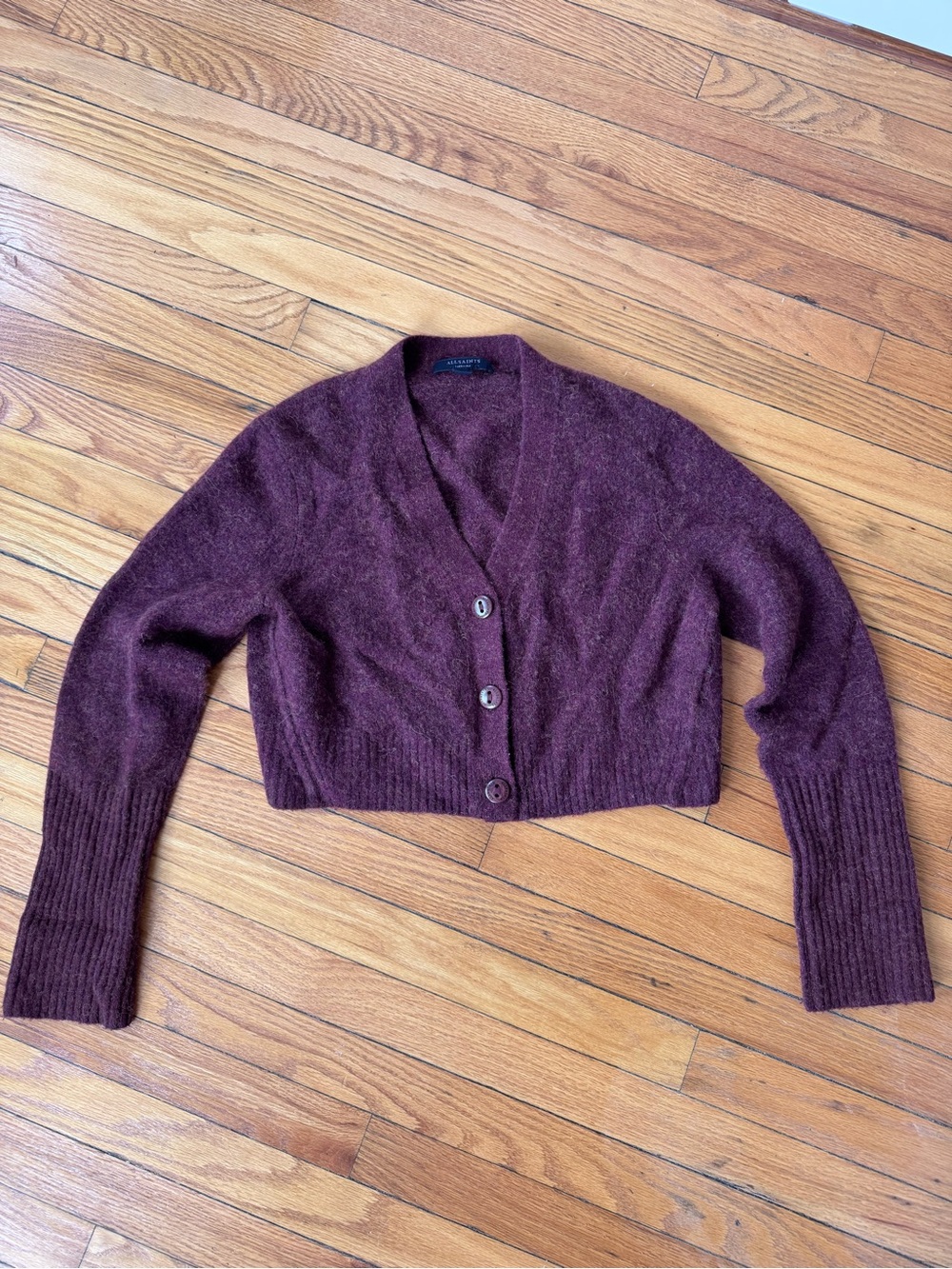 All Saints Cropped V-Neck Maroon Cardigan